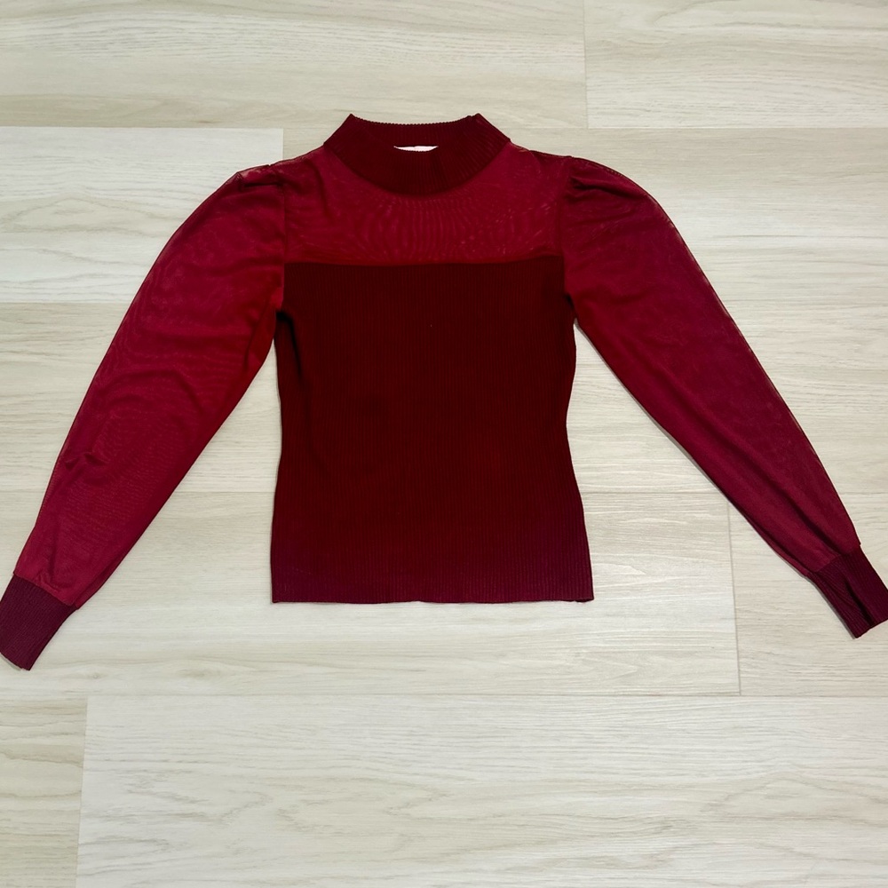 Crave Fame Red Mesh Sheer Puff Sleeve Mock Neck Pullover Sweater Women’s Size L